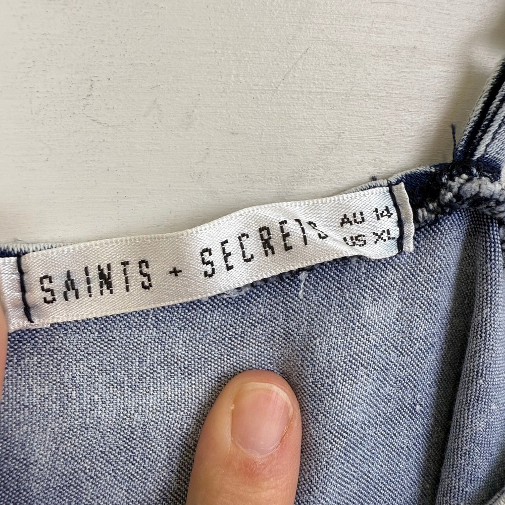 Saints + Secrets WOMEN XL Denim MIDI Dress Acid Wash Twist Front Cutout Slit - Picture 5 of 10